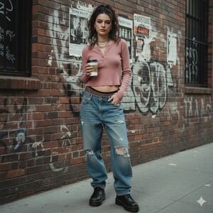 Downtown Girl Waffle Knit Henley Thermal Top Pink Mauve Distressed Long Sleeve S